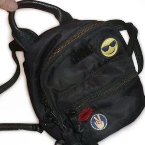 Steve Madden Mini Backpack, Convertible, Black Nylon, Happy Face Lips Peace Sign